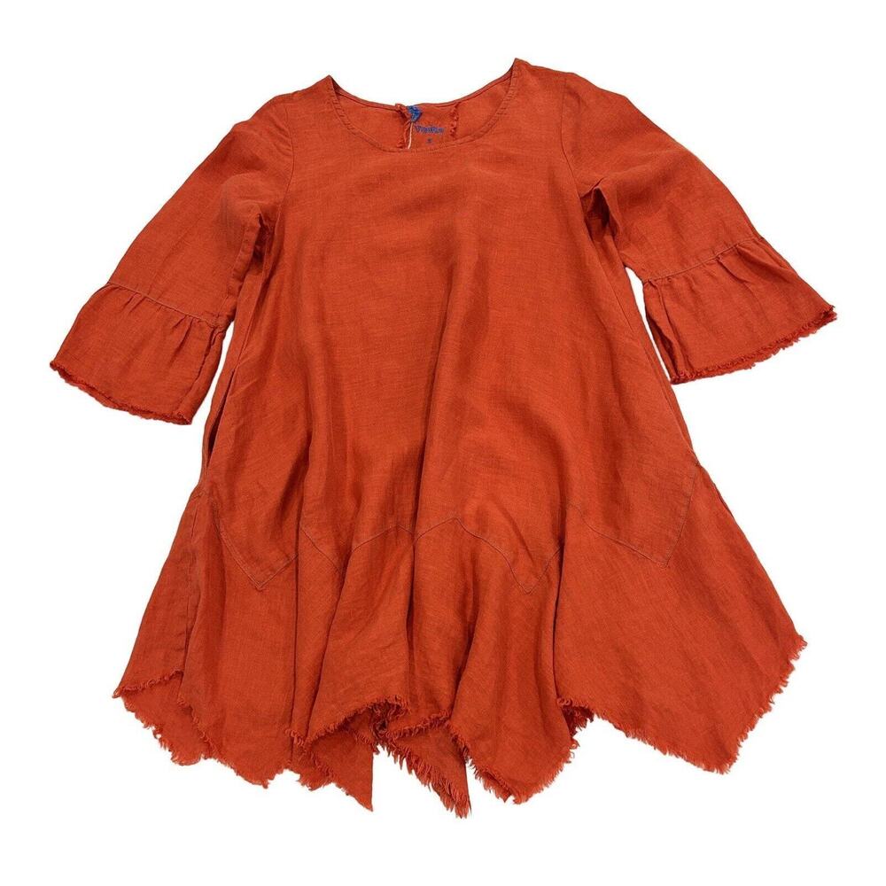 Yuvita Lagenlook Linen Dress Womens Size S Red Frayed Asymmetric 3/4 Bell Sleeve